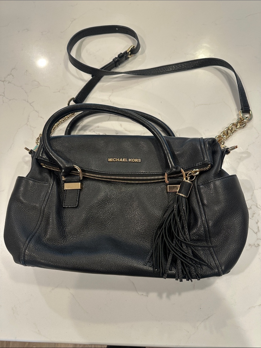 Michael Kors Black Leather Shoulder Bag with Tassel
